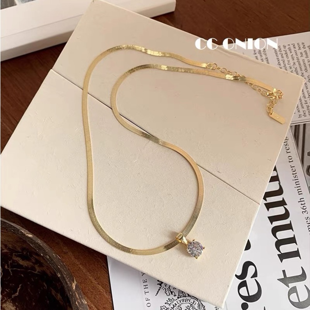 Gold Necklace with Crystal Pendant Herringbone Chain